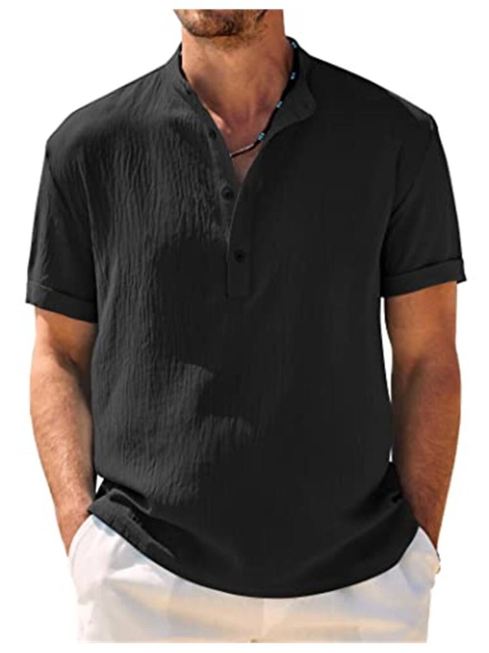 Men Henley Shirt Short Sleeve Band Collar Summer Beach Casual Button Loose Fit